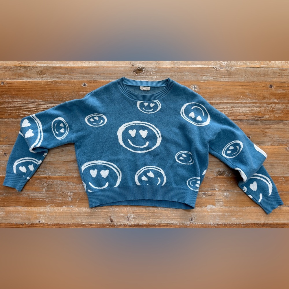 Debut Smiley Face Crewneck Sweater Blue Cropped Hearts Women’s Small - Picture 2 of 8